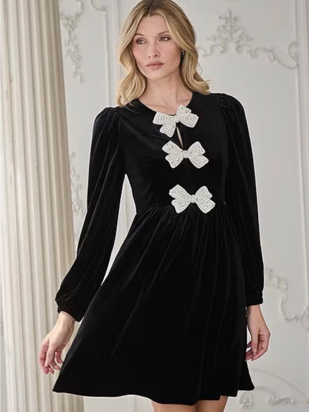 🎀 Sugarlips Black Velvet Long Sleeve Dress Pearl Bow Accents Christmas Holiday 🎀